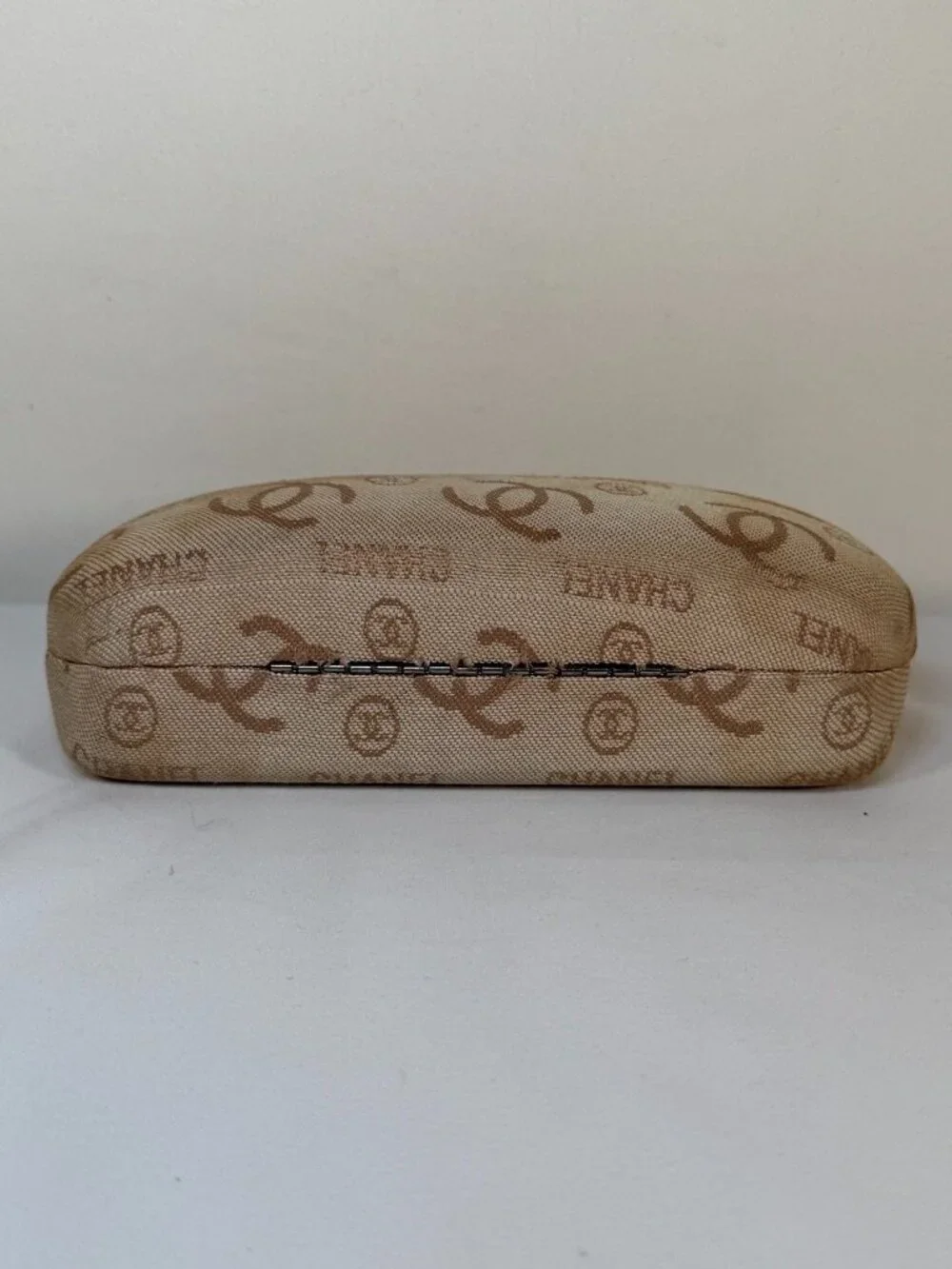 CHANEL CC Monogram Logo Tan Fabric Clamshell Eyeglass Sunglass Case